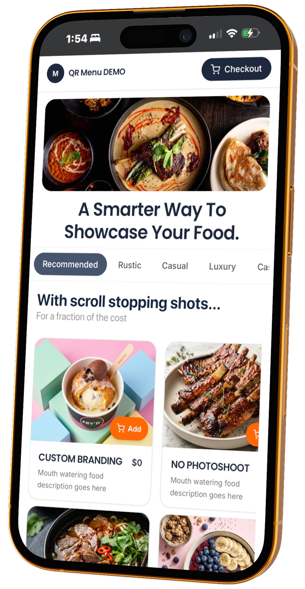 iPhone showing a restaurant QR digital menu with food photos